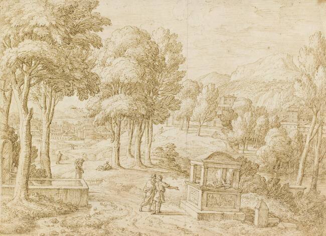 Paysage avec un tombeau et six personnes Abraham Genoels