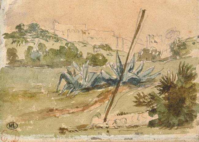 Paysage dans les environs de Tanger avec des aloès et des remparts au second plan; 1832 Eugène Delacroix