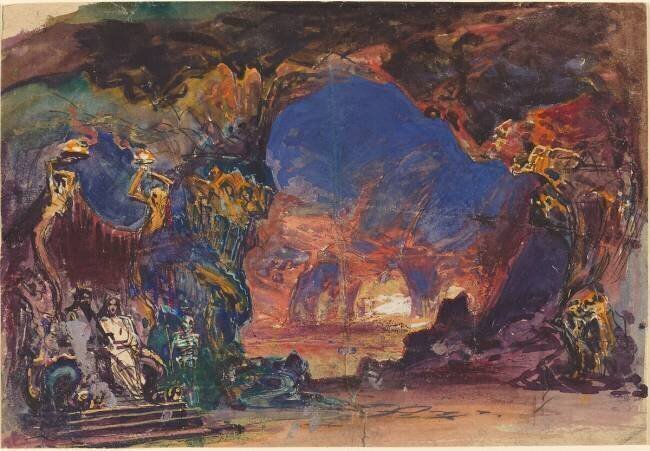 Scène des enfers avec un homme et une femme intronisés et la mort qui monte la garde Robert Caney