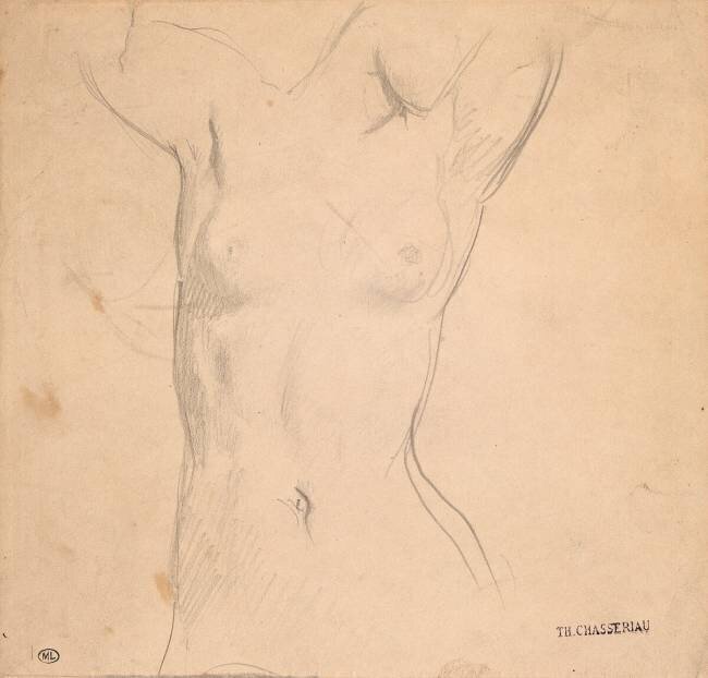 Torse de femme nue, vue de face, les bras levés Théodore Chasseriau