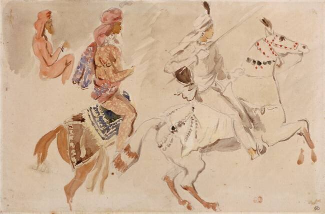 Trois études de cavaliers orientaux allant sur la droite d'après "Le Voyage en Inde pendant les années 1841 à 1846" du Prince Soltykoff Eugène Delacroix