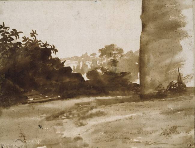 Vue des arbustes avec un mur sur la droite Claude Gellée