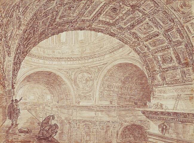 Vue des voûtes de l'église Saint-Pierre depuis une corniche supérieure Hubert Robert