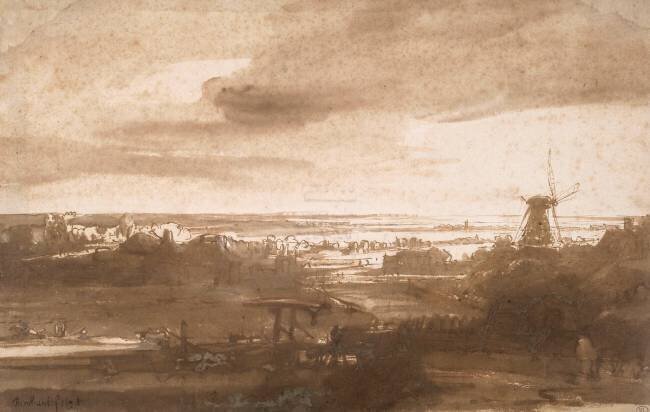 Vue panoramique d'une plaine avec un moulin à vent Rembrandt