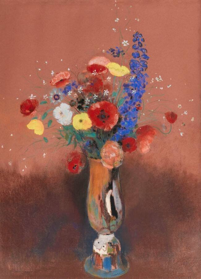 Bouquet de fleurs des champs dans un vase à long col Odilon Redon