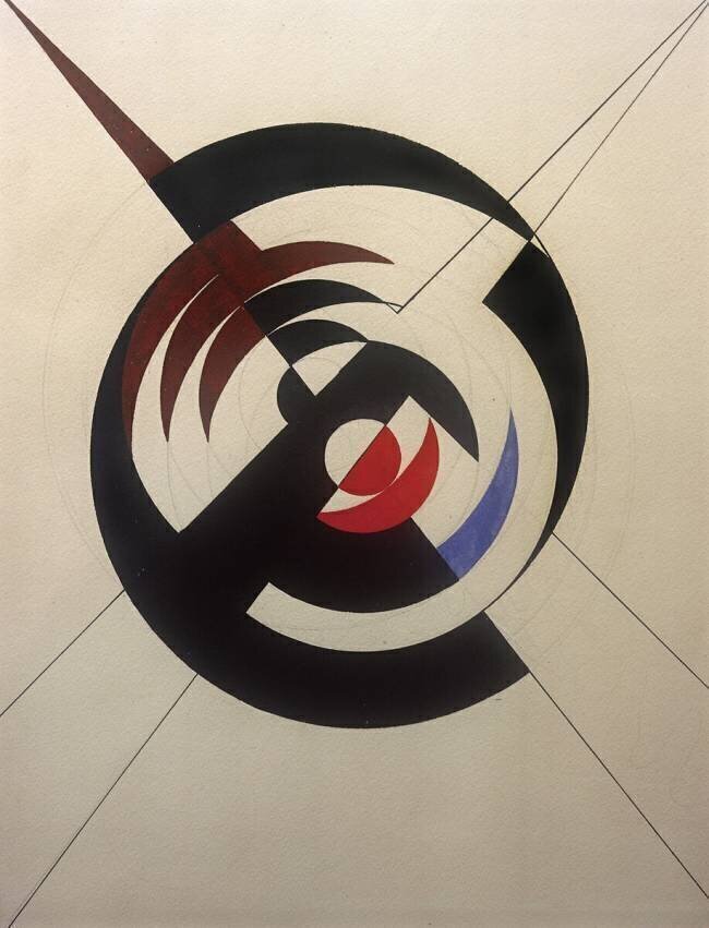 Construction d’un cercle noir et de segments rouges foncés, rouges et bleus Sophie Taeuber-Arp