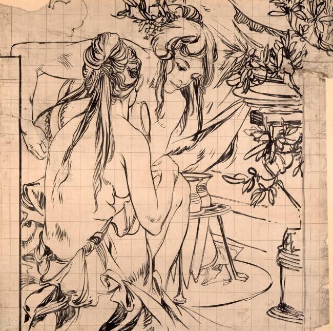 Deux jeunes filles accroupies près d'un trépied avec amphores Alfons Mucha