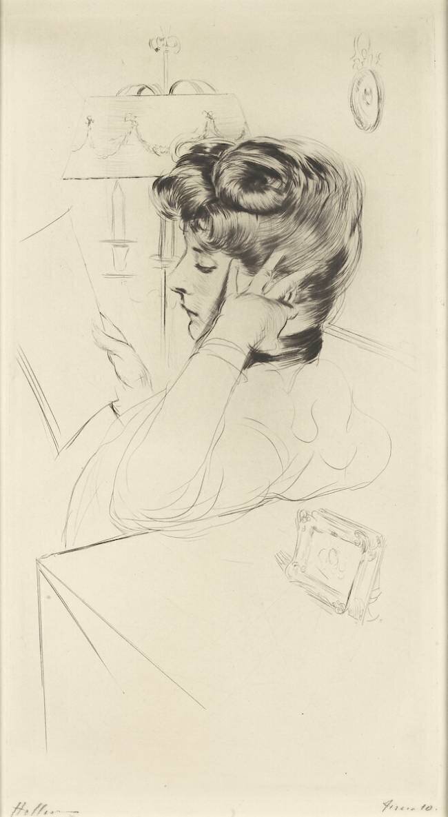Femme, de profil gauche, lisant, la main à la tête Paul César Helleu