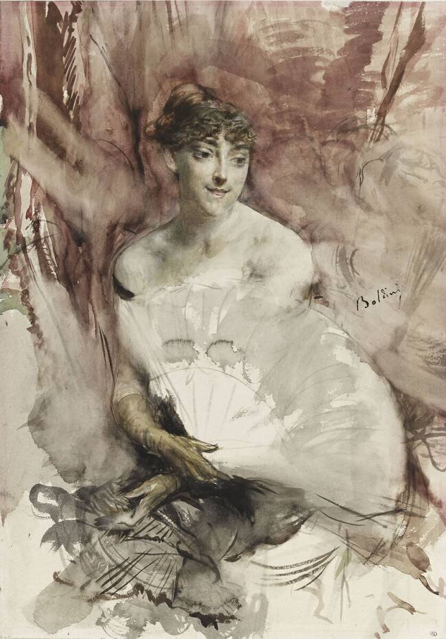 Femme à l'éventail, assise dans une loge : la comtesse de Rasti (?) Giovanni Boldini