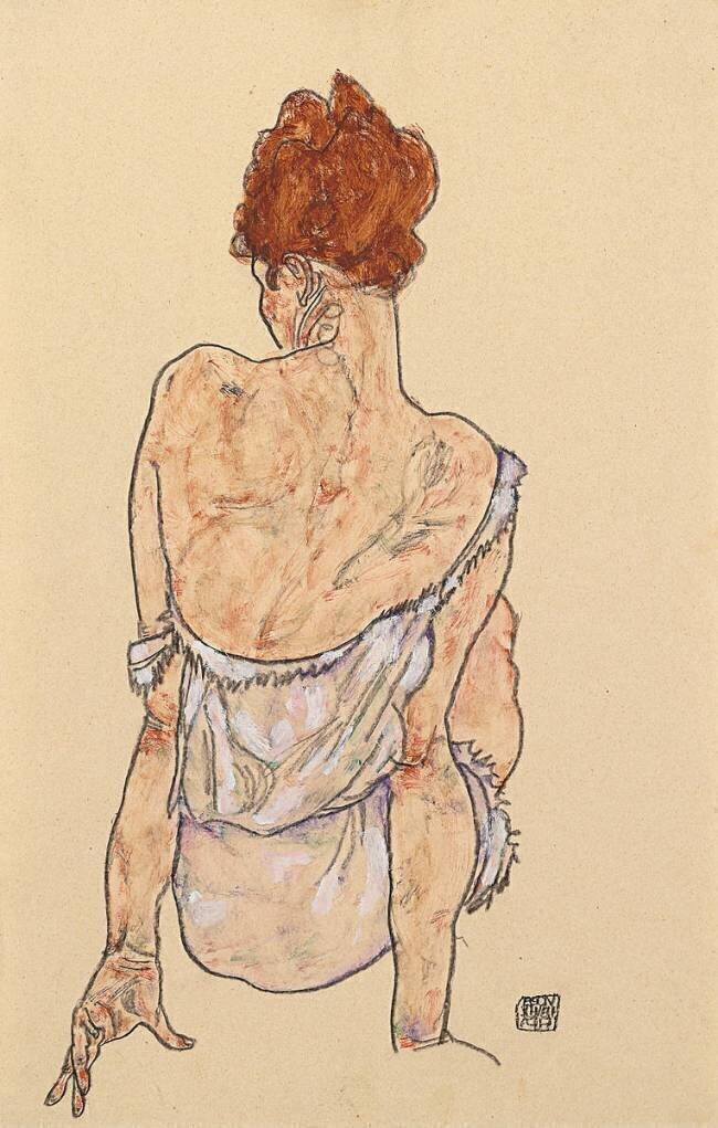 Femme en lingerie, assise, vu de dos Egon Schiele