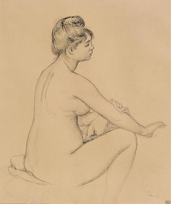 Femme nue assise, de profil à droite, s'essuyant le bras Auguste Renoir