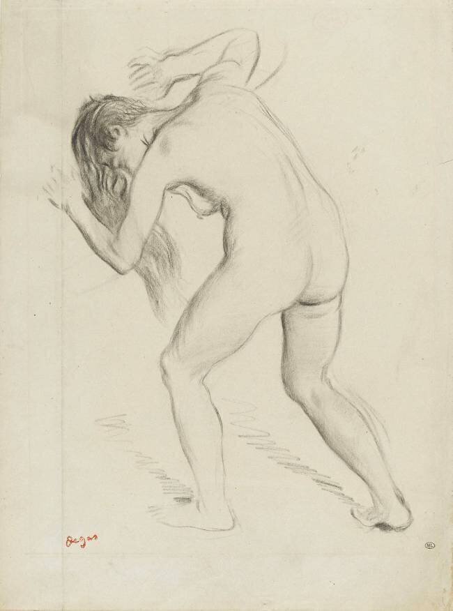 Femme nue, debout, penchée en avant, chevaux défaits Edgar Degas