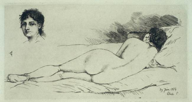Femme nue étendue, tête de femme Alfred Agache