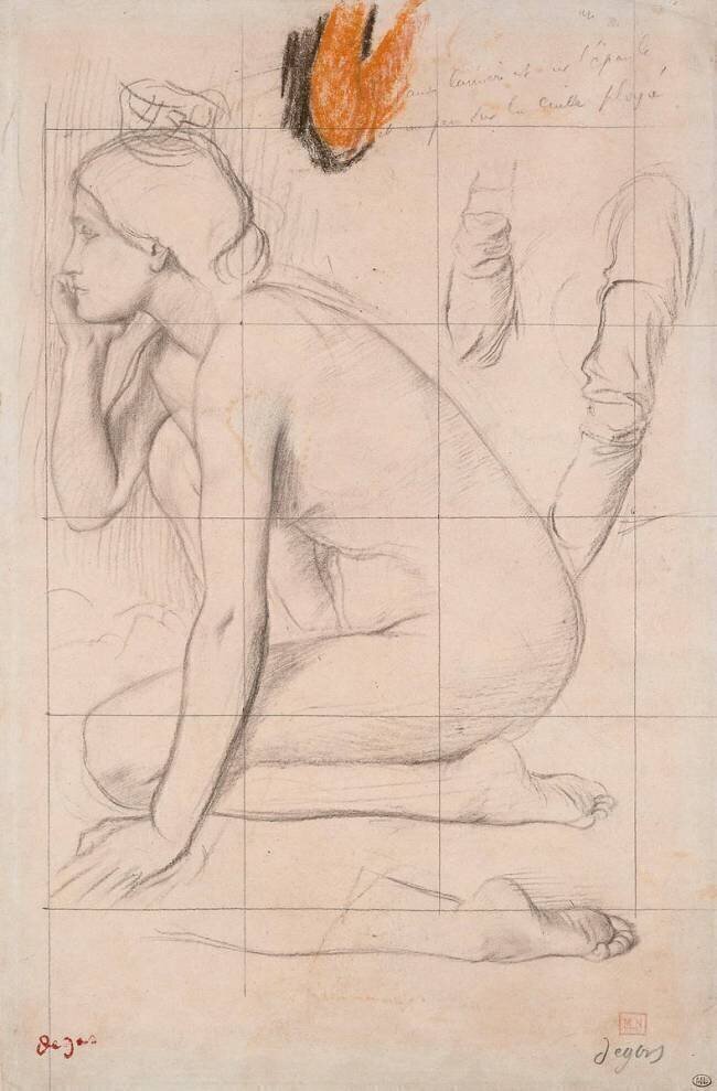 Feuille d'études pour Sémiramis : femme nue accroupie Edgar Degas