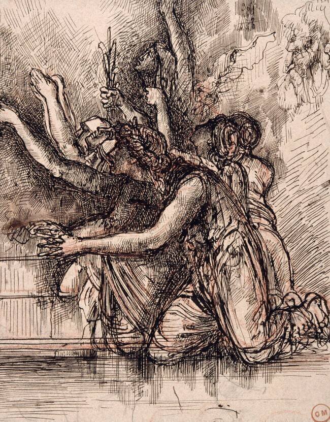 Groupe d'hommes et de femmes agenouillés, les bras tendus en signe de supplication Gustave Moreau