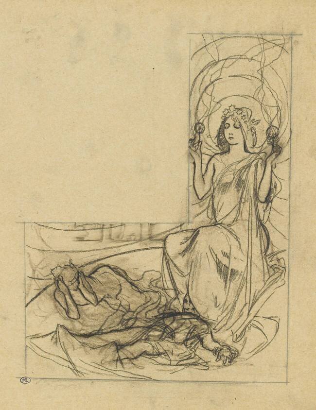 Jeune femme avec une couronne d'étoiles, deux figures allongées Alfons Mucha
