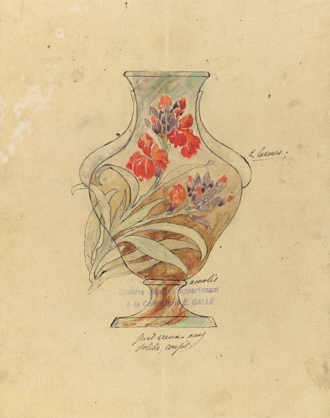 Modèle de vase en cristal à décor d'oeillets Emile Gallé