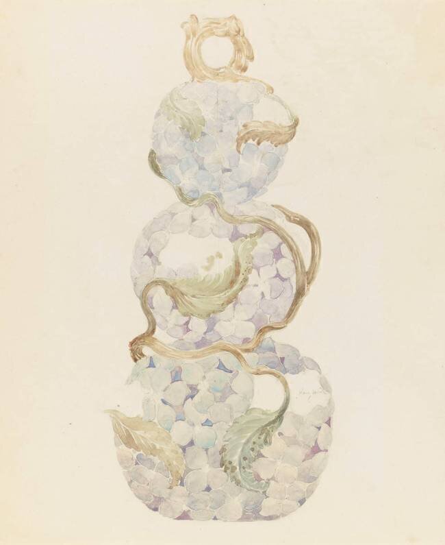 Modèle de vase en faïence en forme et à décor de trois boules d'hortensia en fleur superposées Emile Gallé