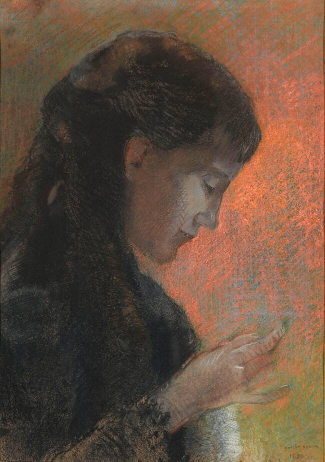 Portrait de madame Redon brodant Odilon Redon
