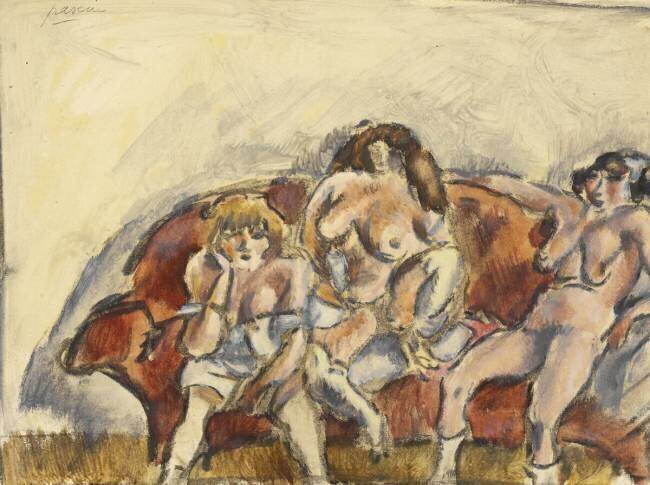 Trois femmes sur un canapé rouge Jules Pascin
