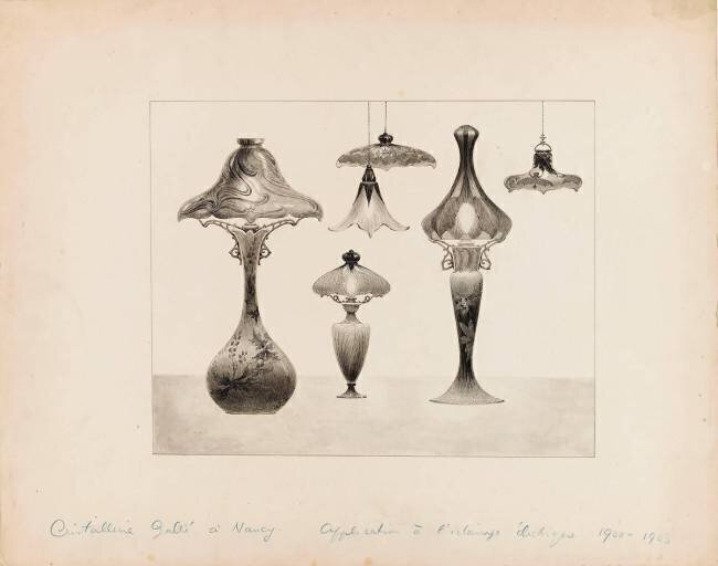Trois lampes de chevet et trois suspensions Emile Gallé