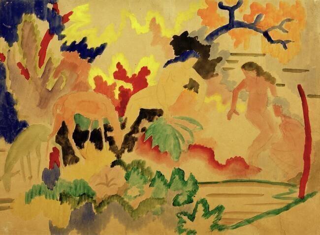 Trois nus avec des cerfs au bord de l'eau August Macke
