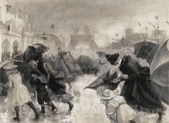 Visiteurs à l'exposition de 1900 sous une pluie torentielle Charles Paul Renouard