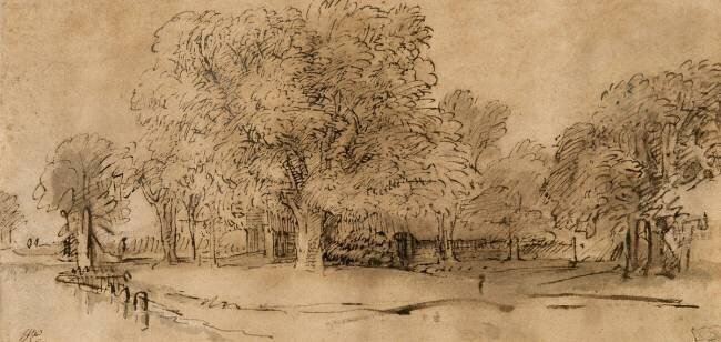 Chaumière cachée par des arbres, au bord d'un petit canal Rembrandt