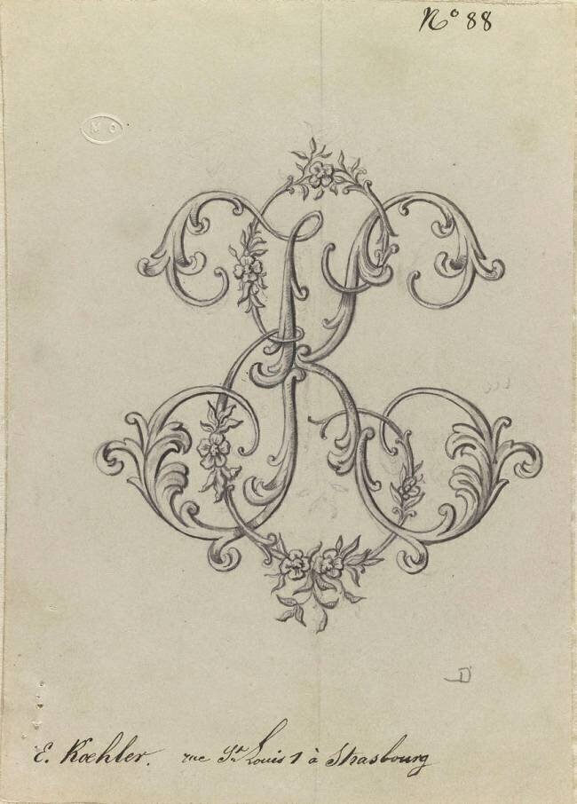 Chiffre E en anglaise florée et K anglaise volutée Emile Gallé