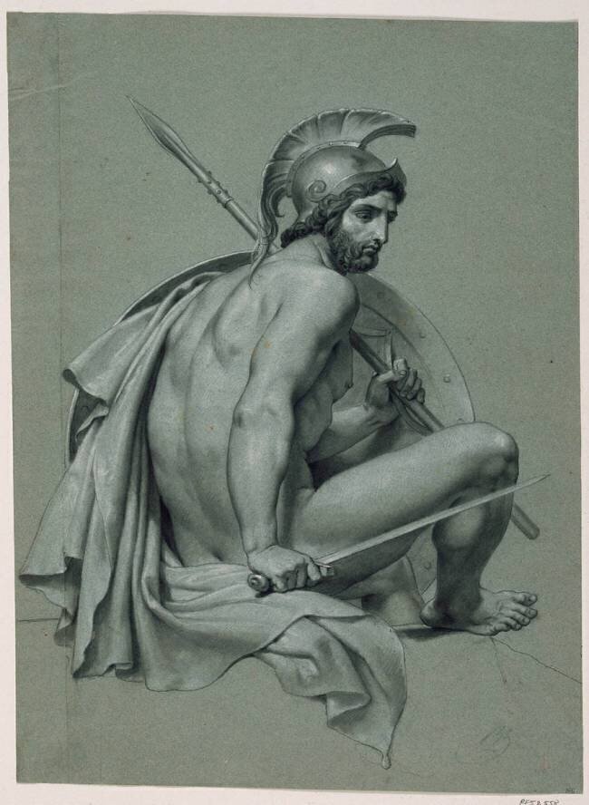 Guerrier nu, casqué, assis, de trois quarts à gauche Merry-Joseph Blondel
