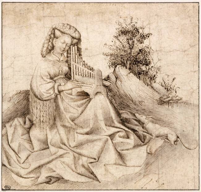 Jeune femme dans un paysage, jouant d'un orgue portatif anonyme