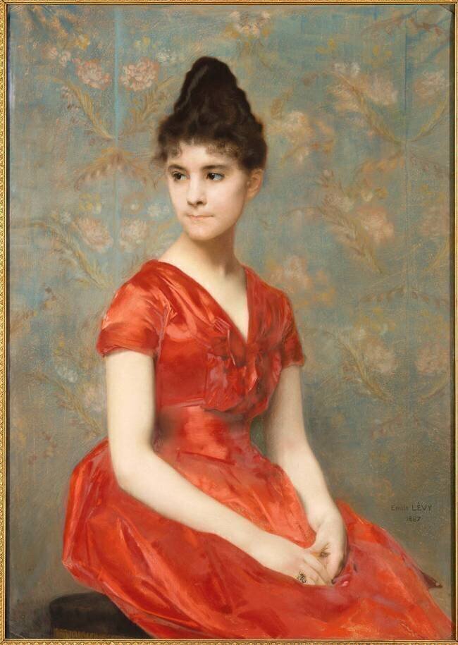 Jeune fille en robe rouge sur fond de fleurs Emile Levy