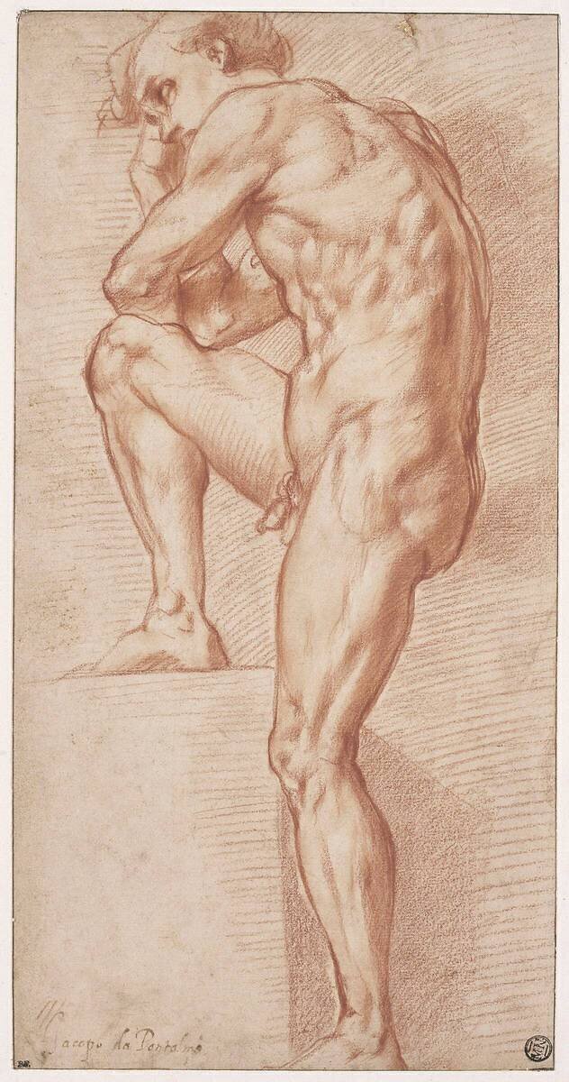 Jeune homme nu, accoudé sur sa jambe droite posée sur un degré Pontormo