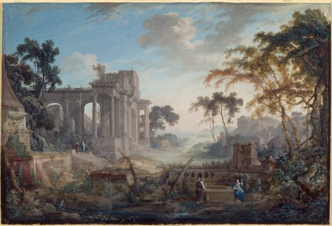 Le Christ et la Samaritaine, dans un vaste paysage avec des ruines antiques Pierre Patel