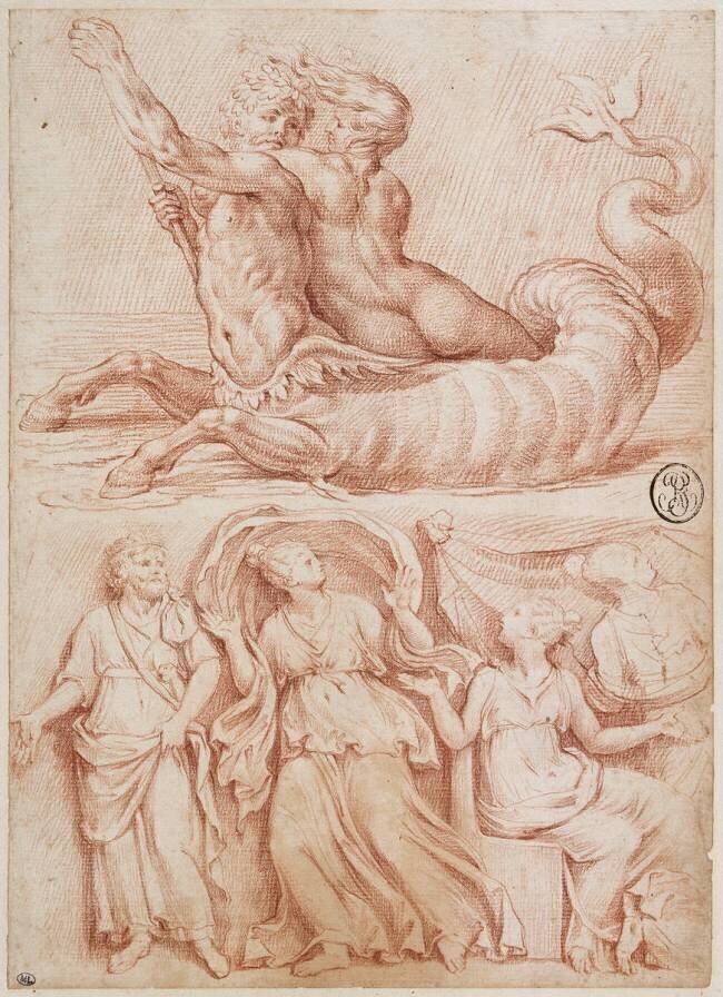 Monstre marin portant en croupe une nymphe ; un homme barbu et trois femmes Raphaël