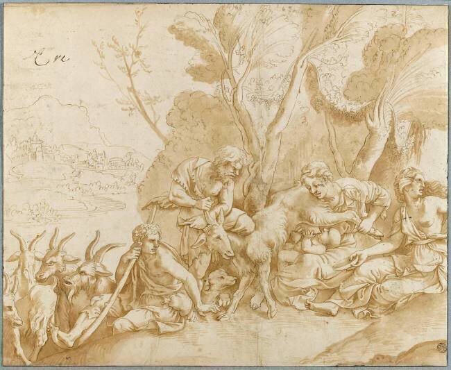 Nymphes nourrissant Jupiter avec le lait de la chèvre Amalthée Giulio Romano (d'après)