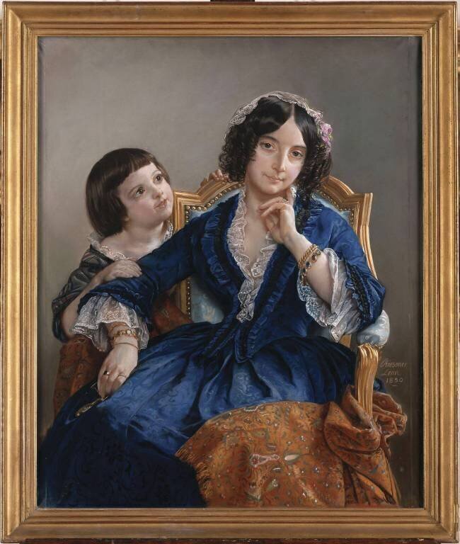 Portrait de madame Louis-Auguste Bornot avec son fils Camille en buste Léon Riesener