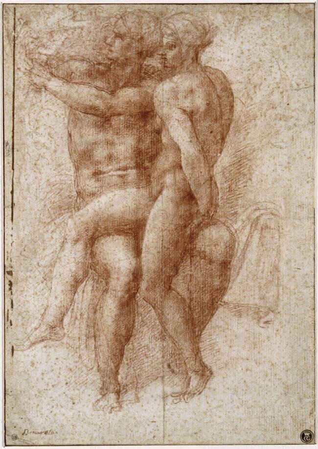 Une femme nue assise sur les genoux d'un homme nu assis : Adam et Eve Michel-Ange