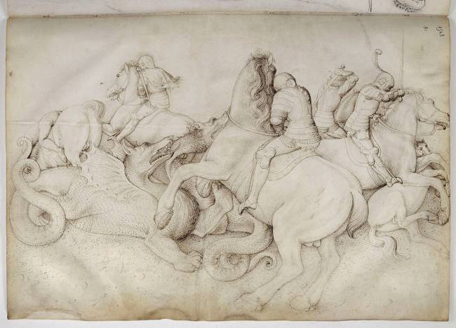Combat entre cinq cavaliers et des dragons Jacopo Bellini