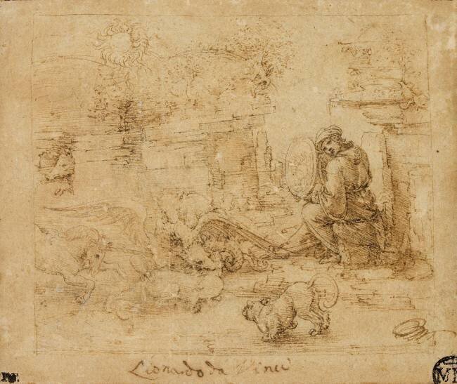 Des animaux, dont une licorne et un aigle combattant un dragon ; une femme tient un miroir dans lequel se reflète le soleil Leonardo da Vinci