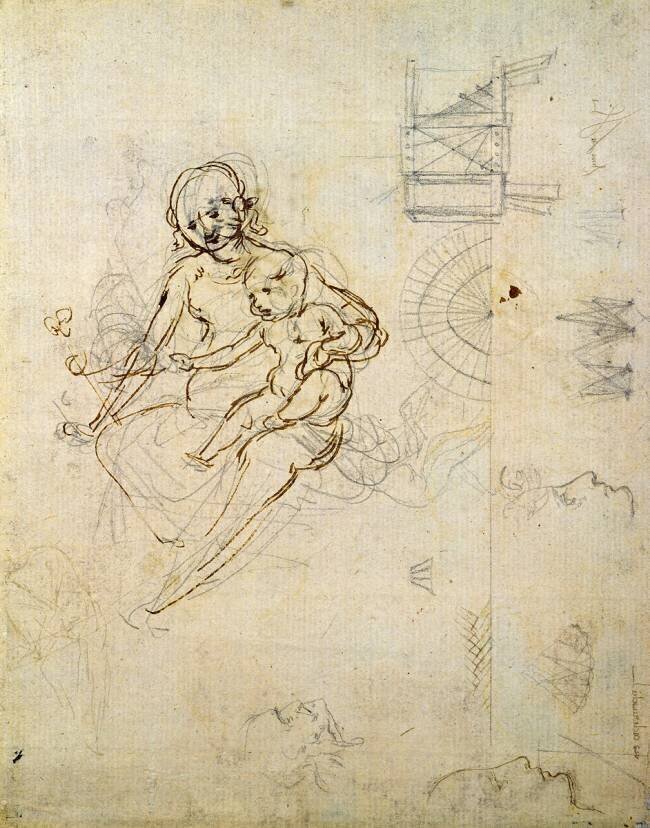 Études pour une Vierge à l'Enfant et de têtes de profil et de machines Léonard de Vinci