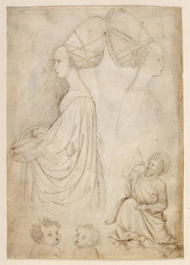 Femmes de profil en costume de cour, vues en buste. Deux têtes d'enfants. Un évangéliste Pisanello