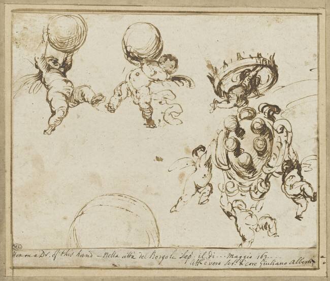 Putti volant, portant l'écu couronné et les boules des Médicis Baronzio Giovanni Alberti