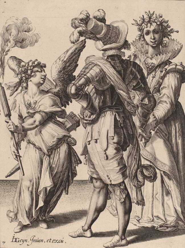 Un Cupidon aux yeux bandés tenant une torche devant un couple Jacob de Gheyn le Jeune