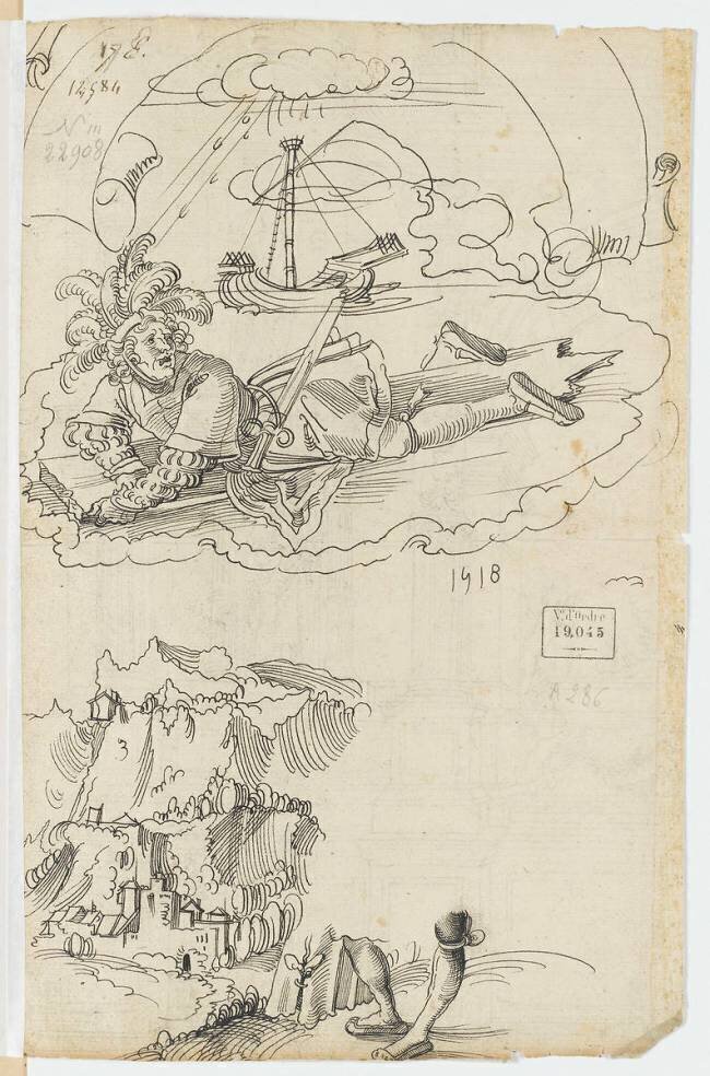 Un soldat cramponné à une planche sur les flots; un château Erhard Schon