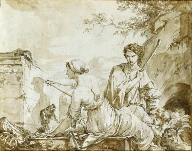 " L'origine de la peinture " - Dibutade traçant le profil du berger son amant Jean-Baptiste Regnault