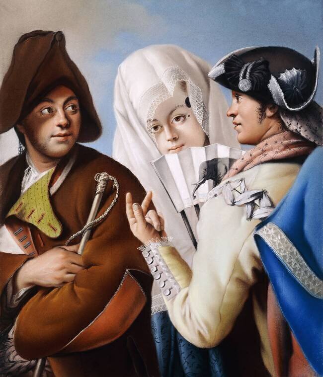 A Gentleman in a Phrygian Bonnet being addressed by a Gentleman in a yellow coat and black tricorn Hat with a Lady in a blue brocade Dress and white Mantilla Lorenzo Tiepolo