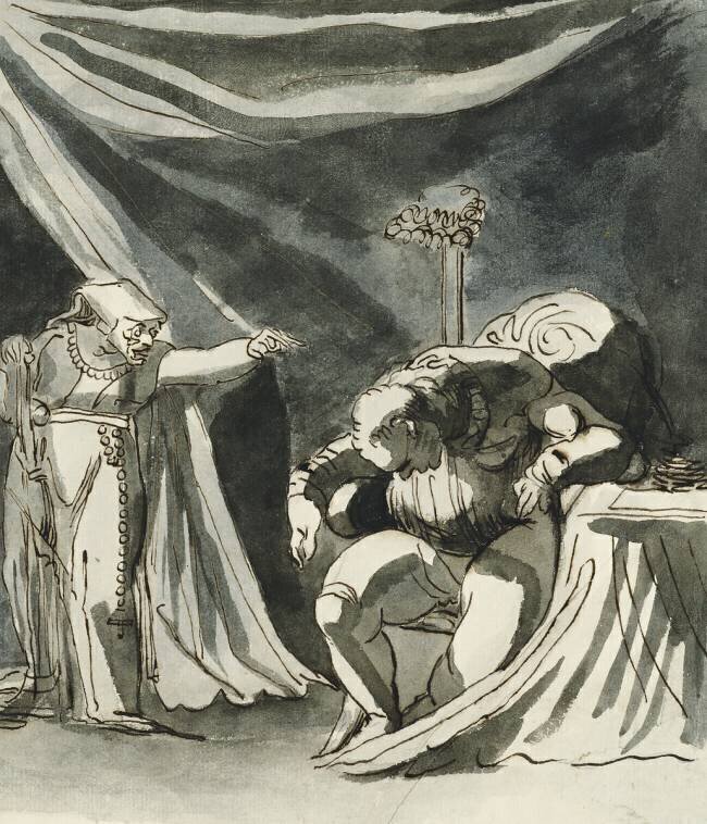 An Old Woman Wearing a Rosary Cursing a Seated Man Johann Heinrich Füssli