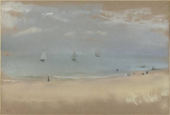 Au bord de la mer, sur une plage, trois voiliers au loin Edgar Degas