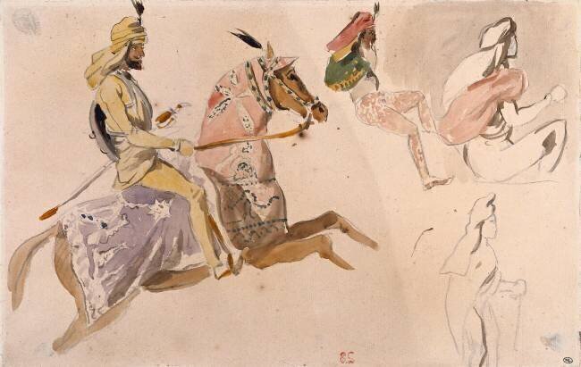 Cavalier oriental et trois figures en costumes orientaux d'après "Le Voyage dans l'Inde pendant les années 1841 à 1846" du Prince Soltykoff Eugène Delacroix